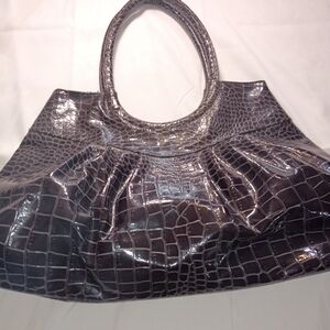 Glossy Crocodile-Embossed Shoulder Bag